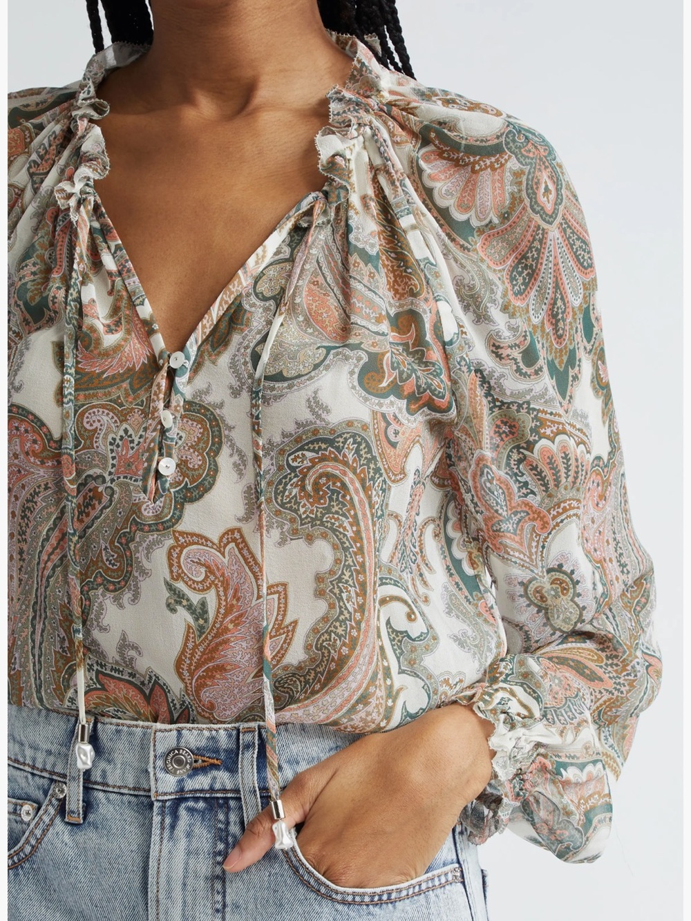 Veronica Beard Paisley Tie-Neck Blouse in Cream, Green and Rust